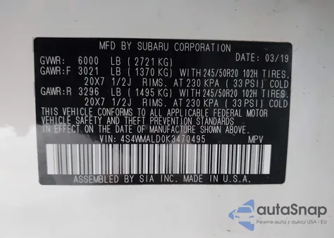 2019 Subaru Ascent Limited z USA, uszkodzony, nr VIN 4S4WMALD0K3470495